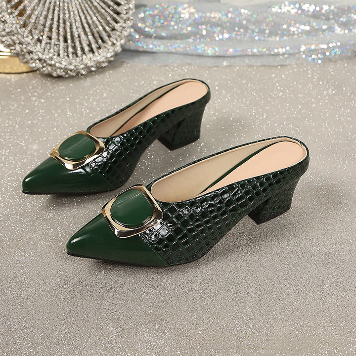 Elegant Square Buckle Pointed Toe Mule Heels