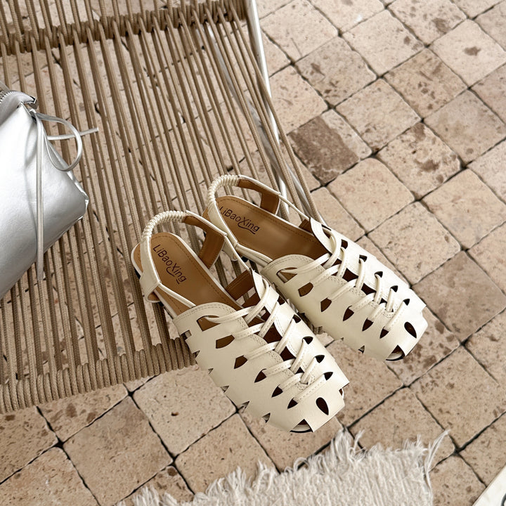 French Woven Cutout Closed Toe Block Heel Sandals