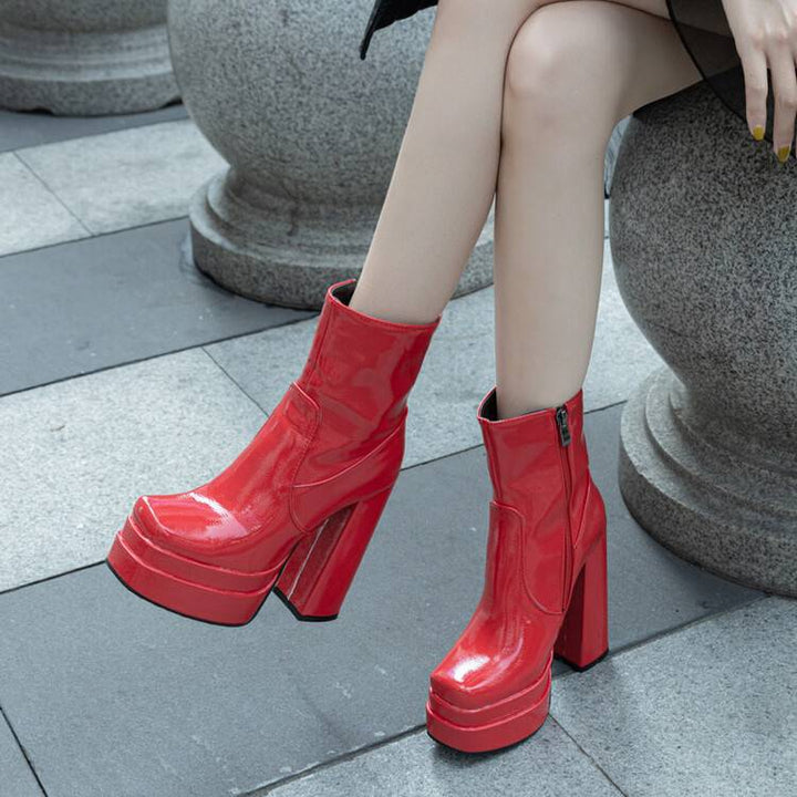 Square Toe Platform Block Heel Ankle Boots