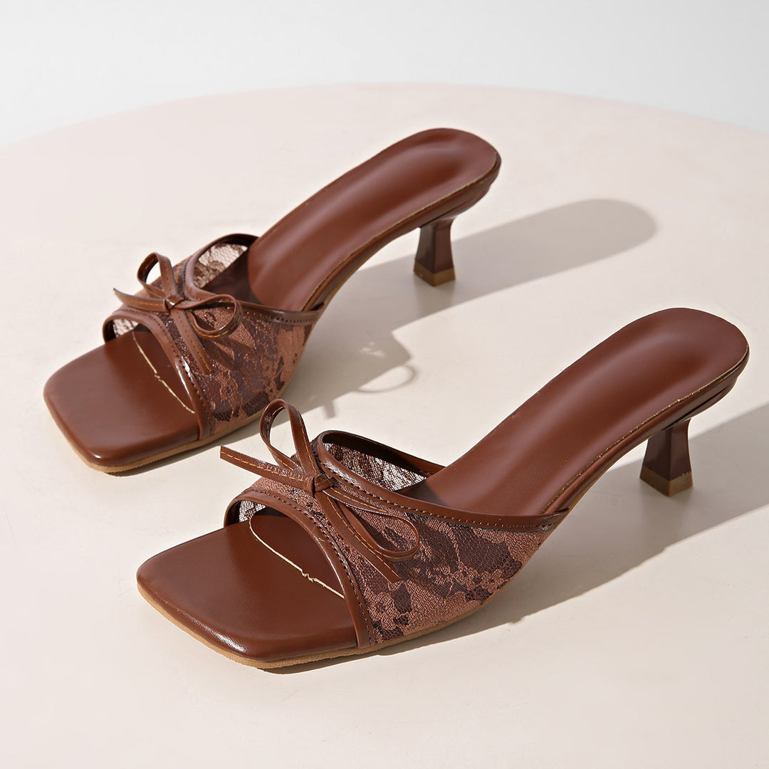 French Lace Bow Square Toe Block Heel Slides