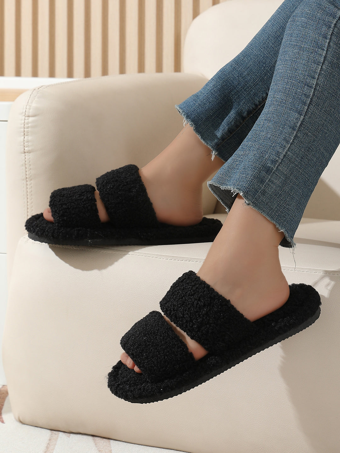 Double Strap Plush Faux Fur Indoor Slippers