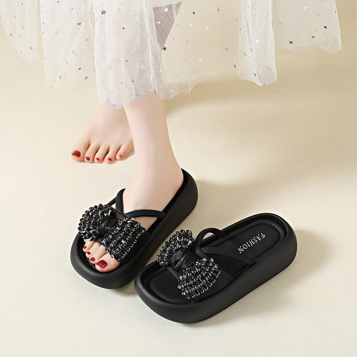 Rhinestone Bow Platform Slide Sandals