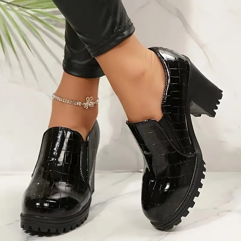 Croc Embossed Platform Chunky Heel Loafers