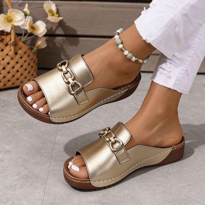 Metallic Accent Platform Slide Sandals
