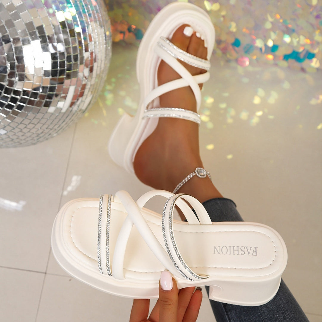 Rhinestone Cross-Strap Platform Slide Sandals