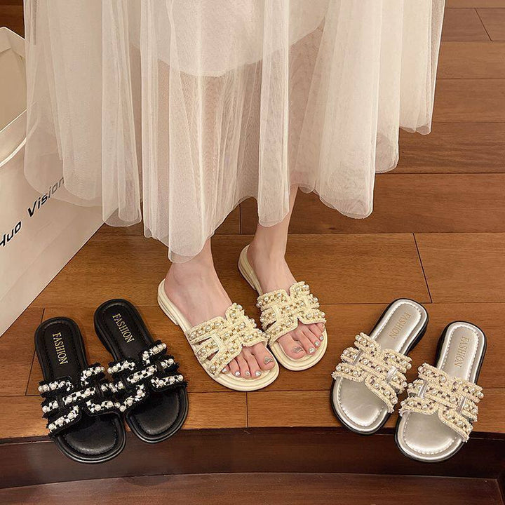 Pearl Bow Embellished Slide Sandals