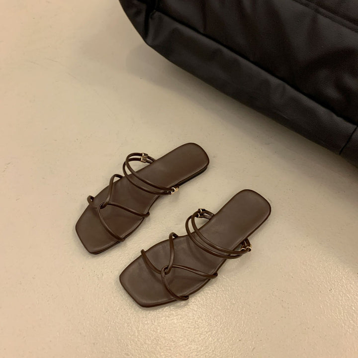 French Square Toe Flat Slide Sandals