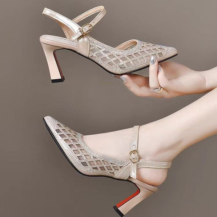 Rhinestone Mesh Pointed Toe Mid Heel Sandals