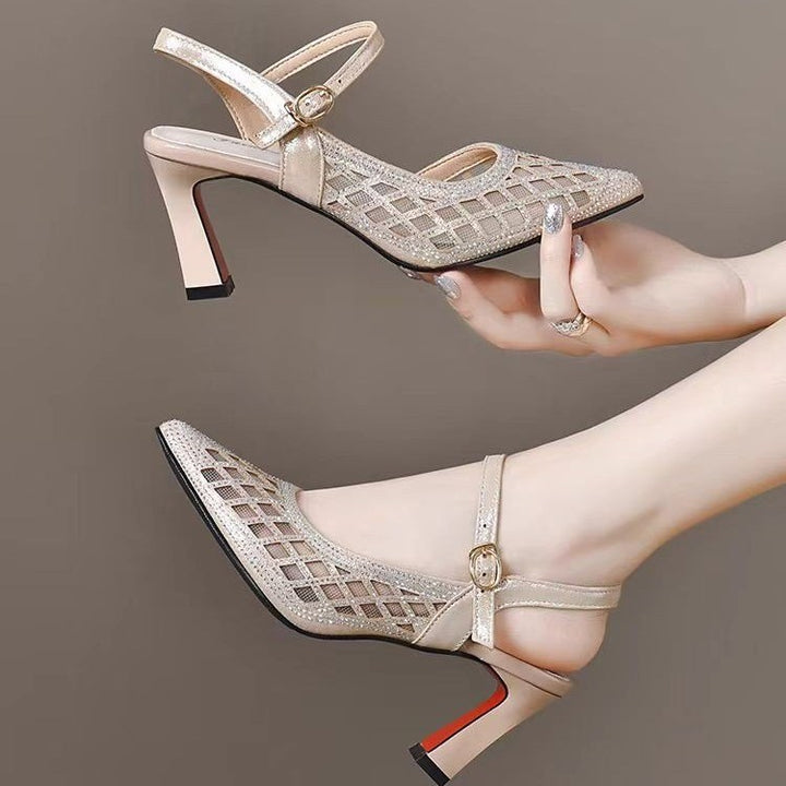Rhinestone Mesh Pointed Toe Mid Heel Sandals