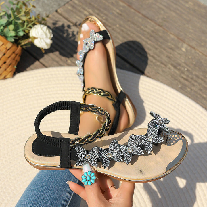 Rhinestone Butterfly Flat Sandals with Anklet