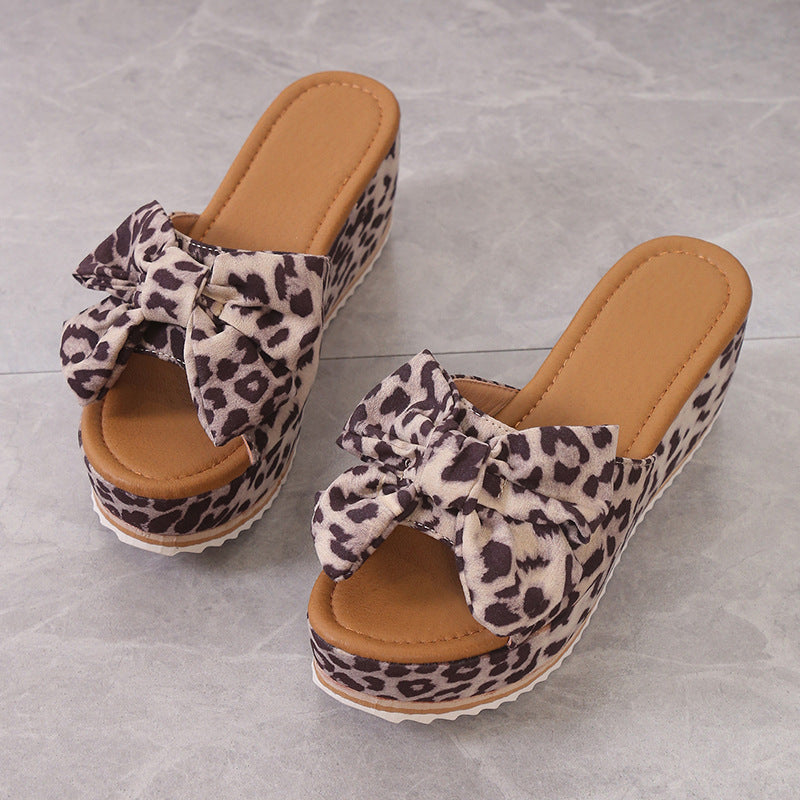 Leopard Bow Platform Slide Sandals