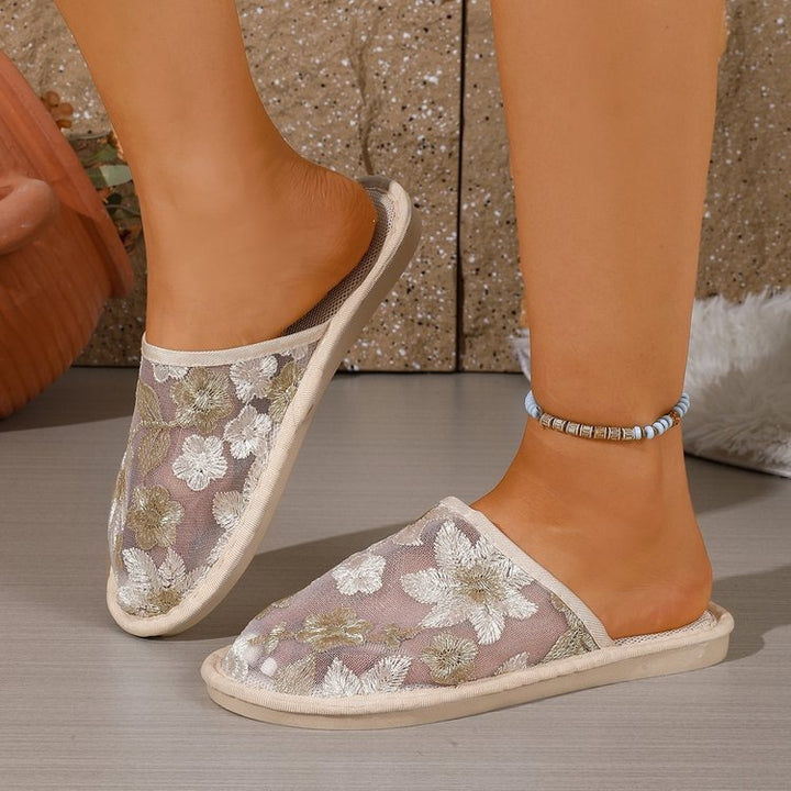 Floral Embroidered Mesh Slide Slippers