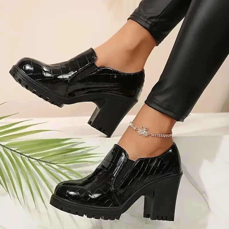 Croc Embossed Platform Chunky Heel Loafers