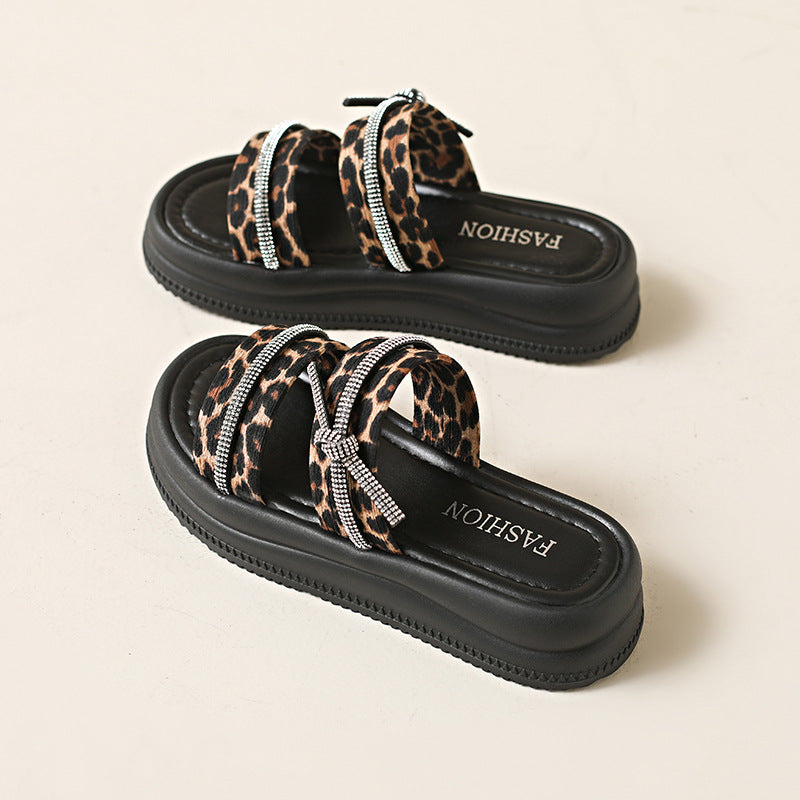 Leopard Rhinestone Platform Slide Sandals