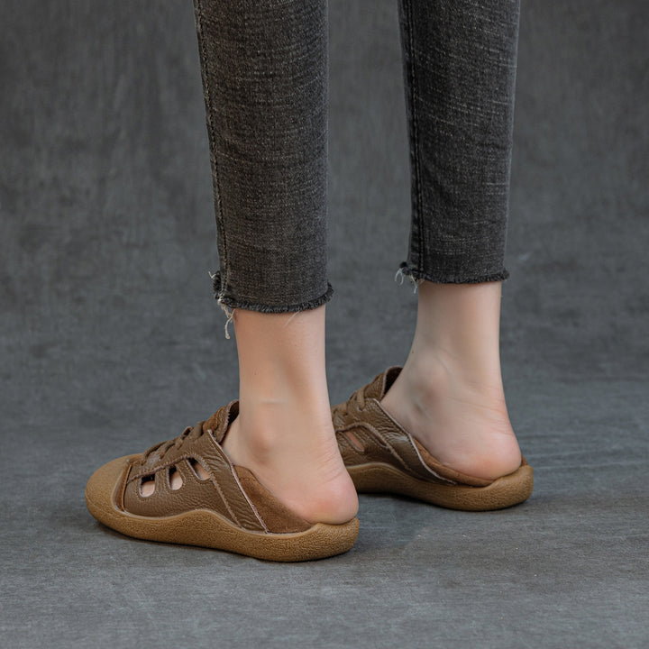 Genuine Leather Cutout Slip-On Flat Sandals