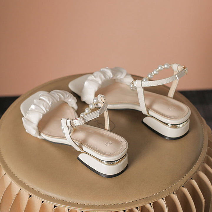 Pearl Strap Ruffle Block Heel Sandals