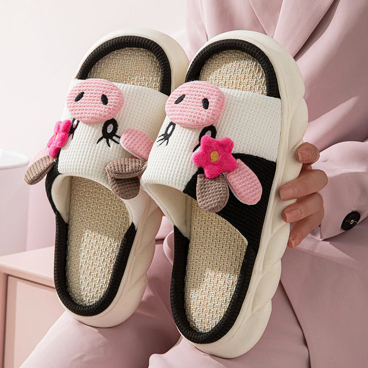 Cute Cow Print Platform Linen Slide Sandals