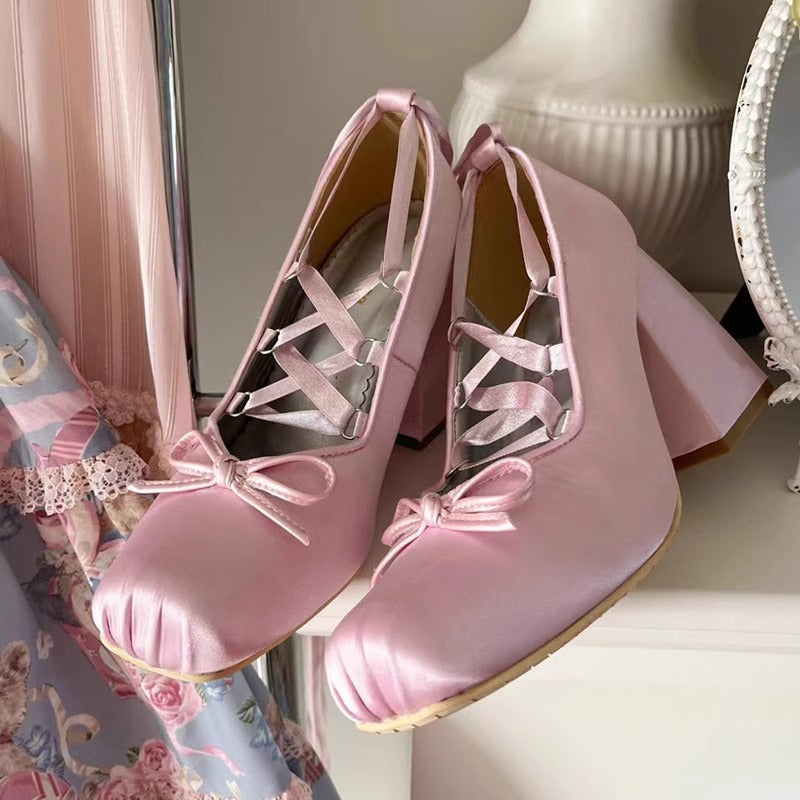 Satin Bow Lace-Up Mary Jane Heels