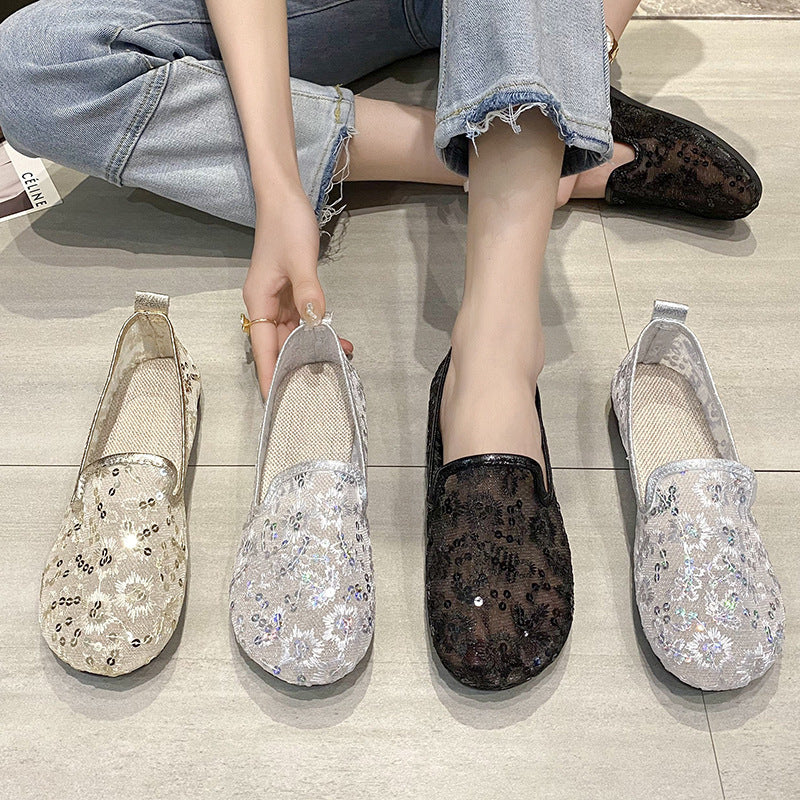 Embroidered Mesh Sequin Slip-On Flats