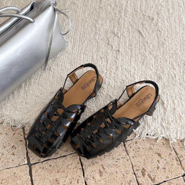 French Woven Cutout Closed Toe Block Heel Sandals