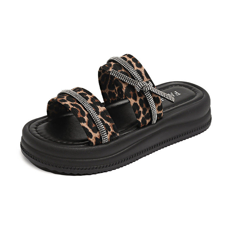 Leopard Rhinestone Platform Slide Sandals