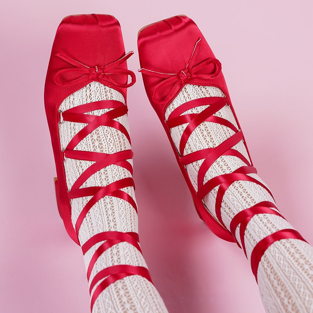 Satin Bow Lace-Up Mary Jane Heels