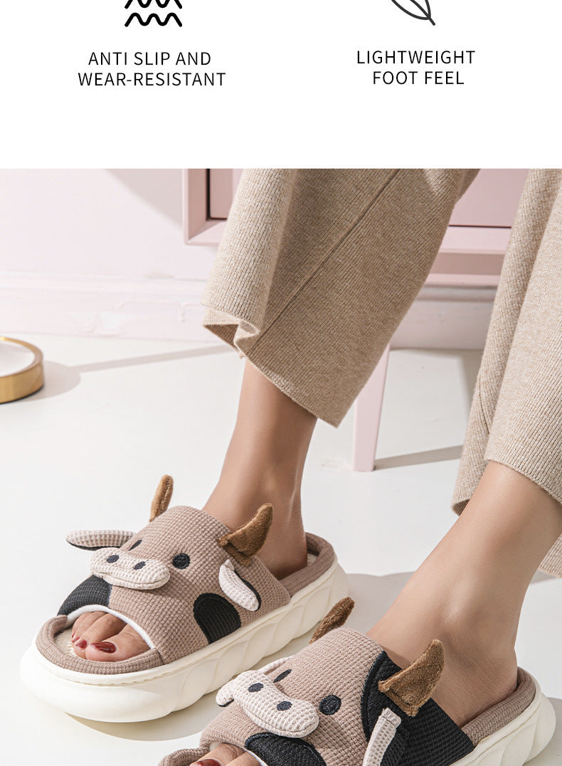 Cute Cow Print Platform Linen Slide Sandals