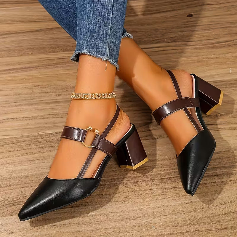 Pointed-Toe Slingback Block Heel Sandals