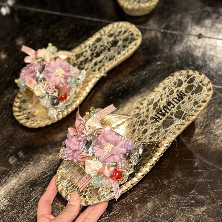 Floral Crystal Flat Sandals