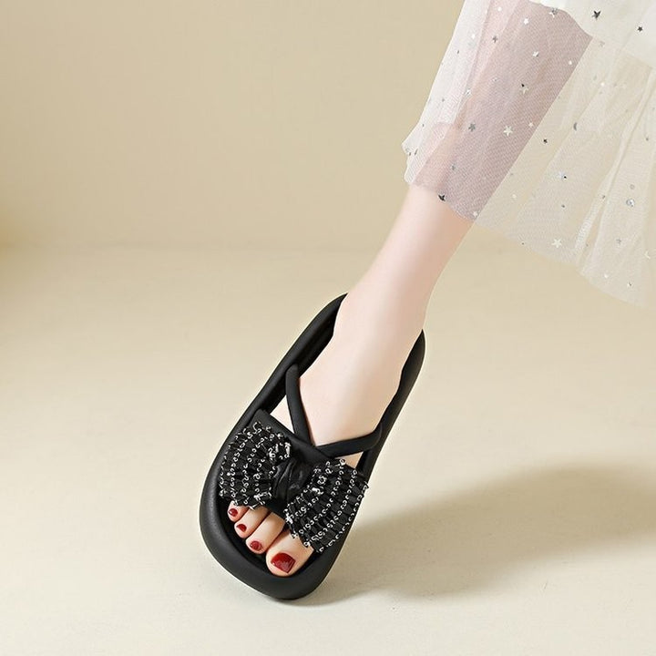 Rhinestone Bow Platform Slide Sandals