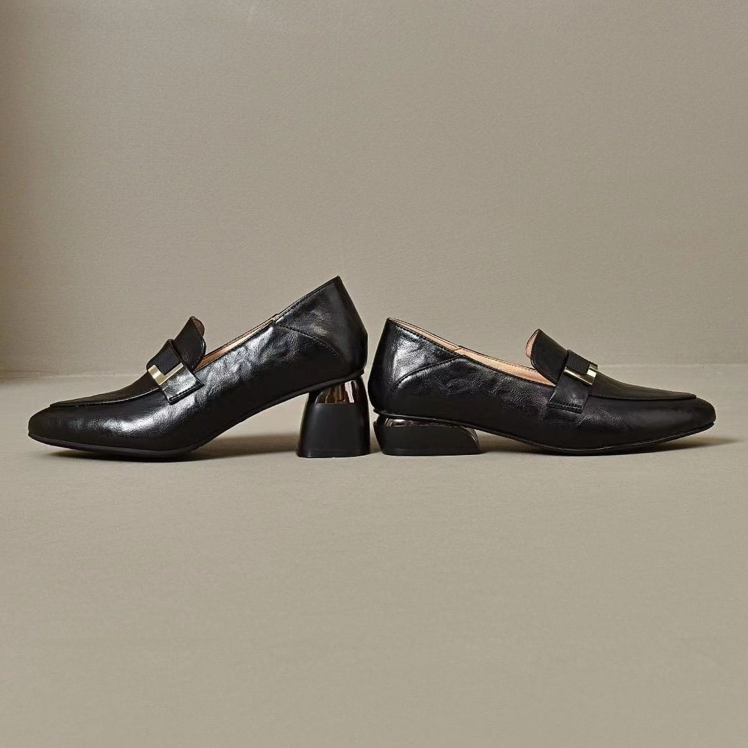 Genuine Leather Pointed Toe Block Heel Pumps