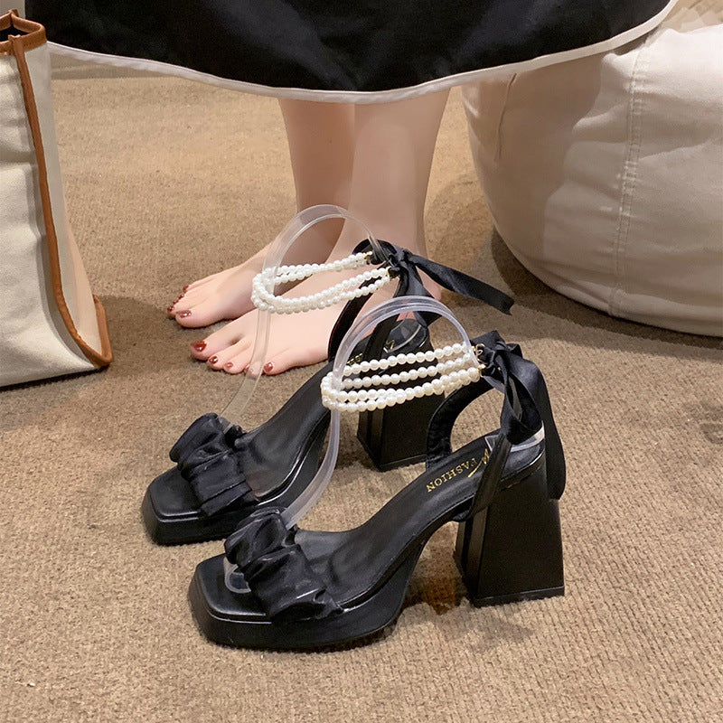 Pearl Strap Block Heel Sandals
