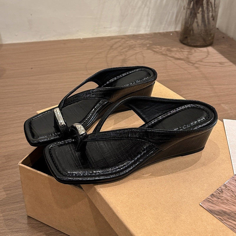 Minimalist Metallic Wedge Flip Flops