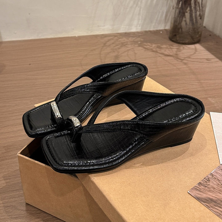 Minimalist Metallic Wedge Flip Flops