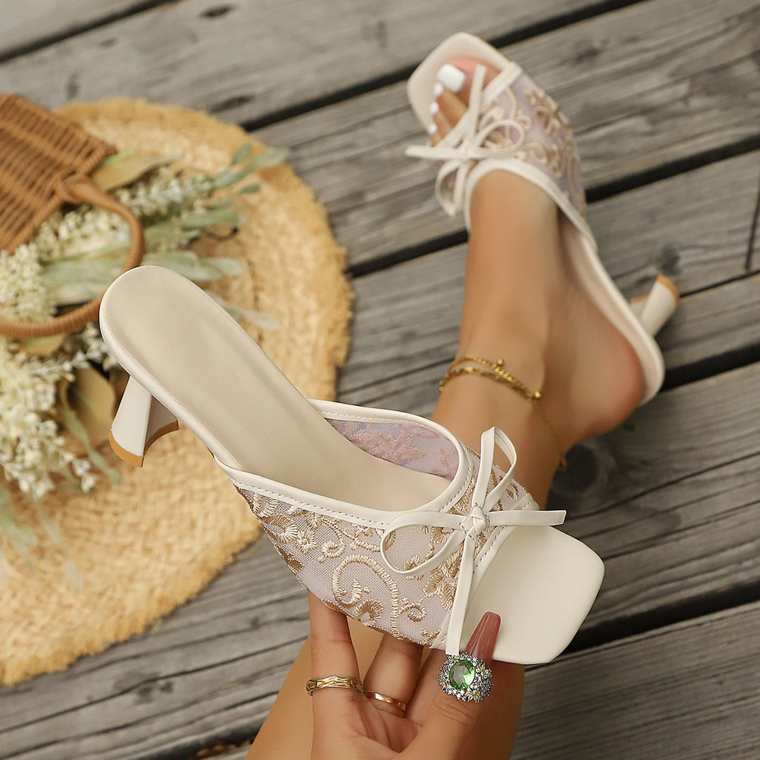 French Lace Bow Square Toe Block Heel Slides