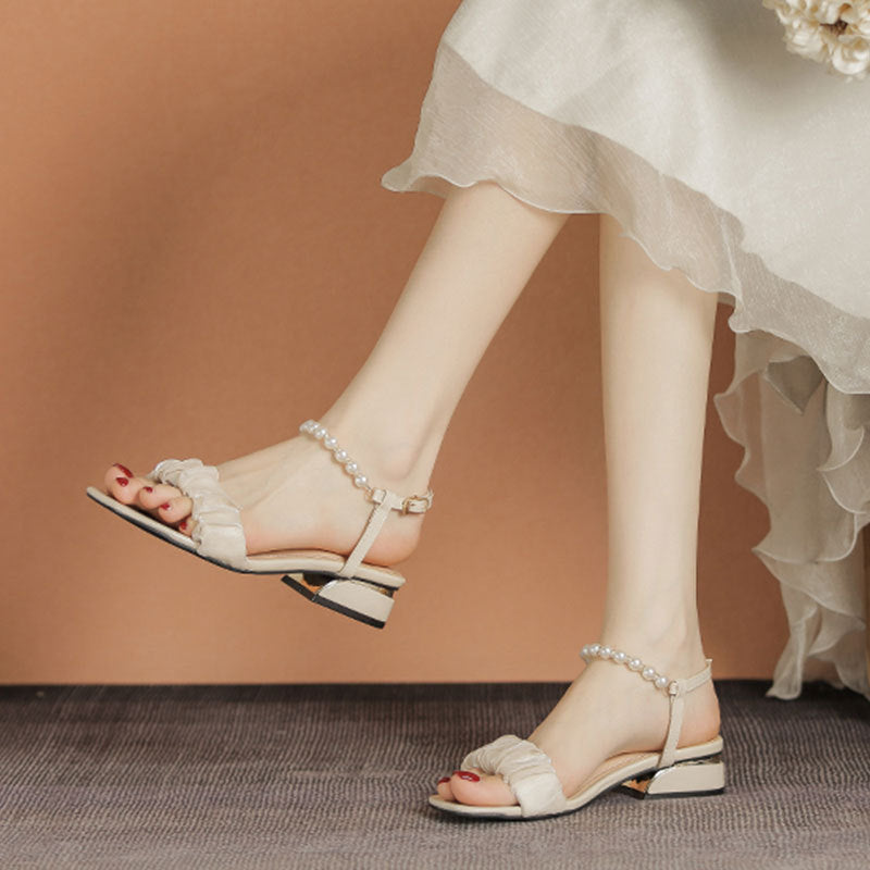Pearl Strap Ruffle Block Heel Sandals