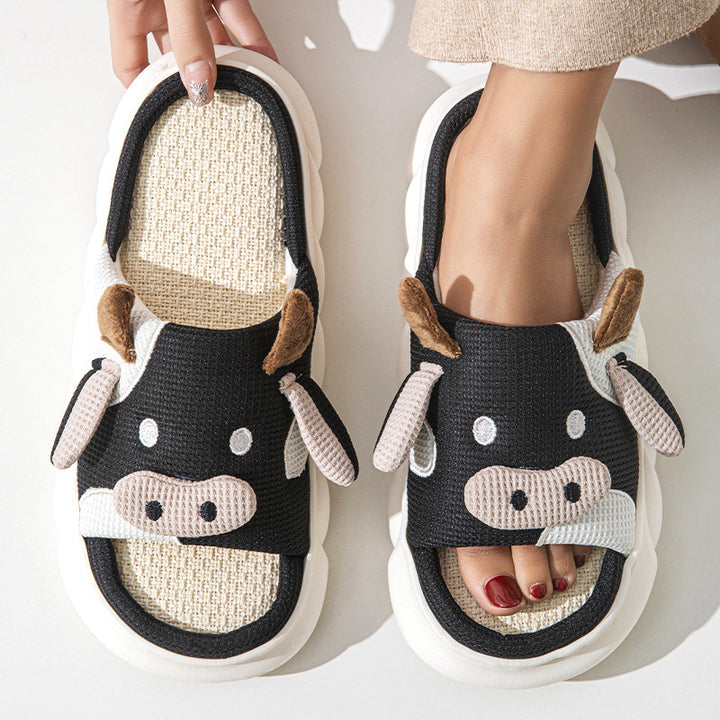 Cute Cow Print Platform Linen Slide Sandals