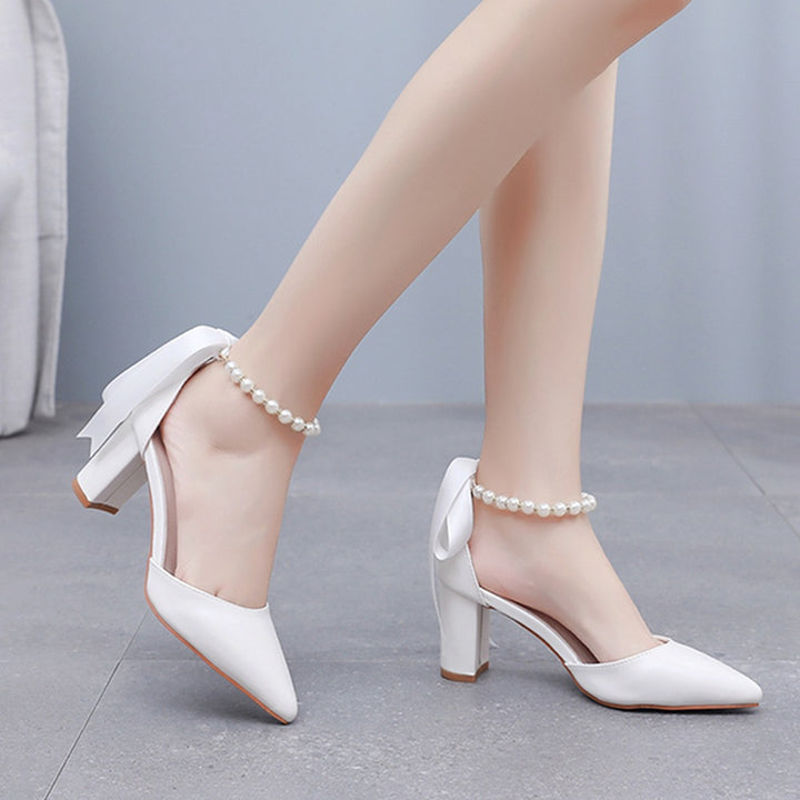 Pearl Strap Pointed Toe Block Heel Pumps