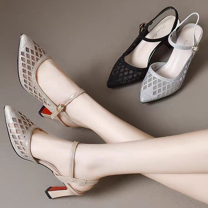 Rhinestone Mesh Pointed Toe Mid Heel Sandals