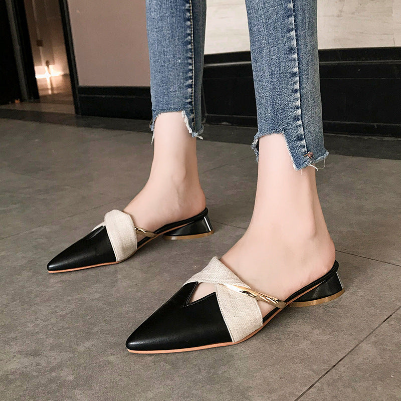 Pointed Toe Block Heel Mule Sandals