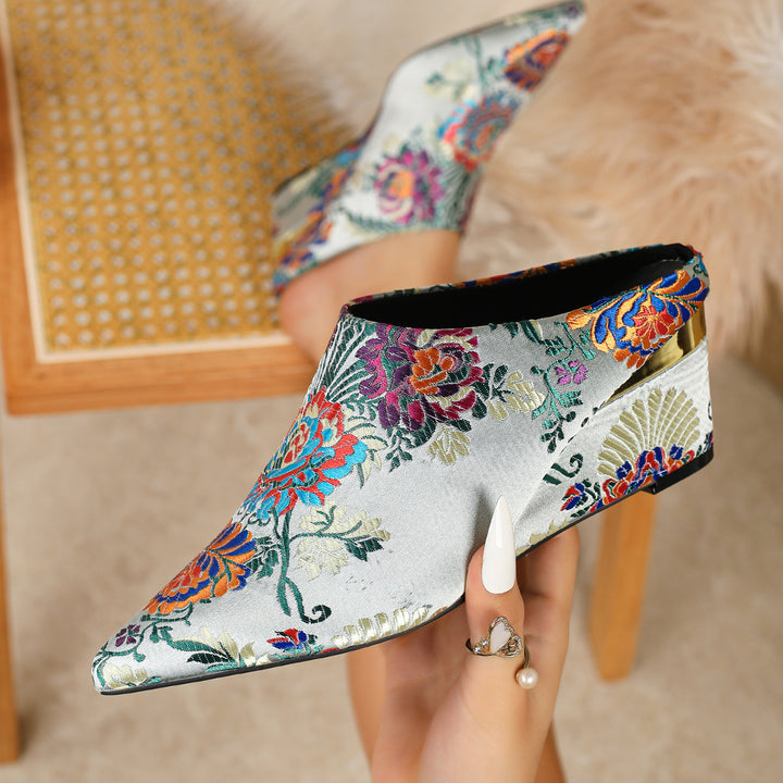 Floral Jacquard Wedge Mule Shoes