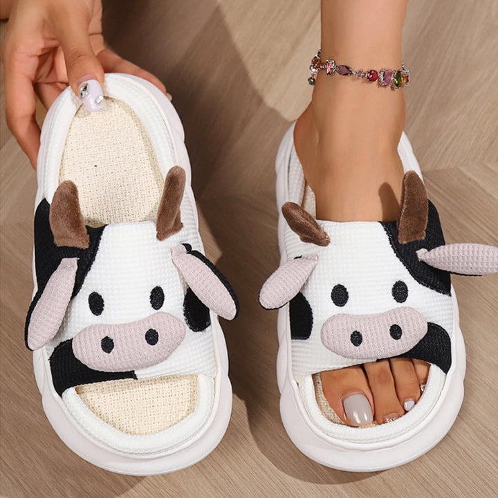 Cute Cow Print Platform Linen Slide Sandals