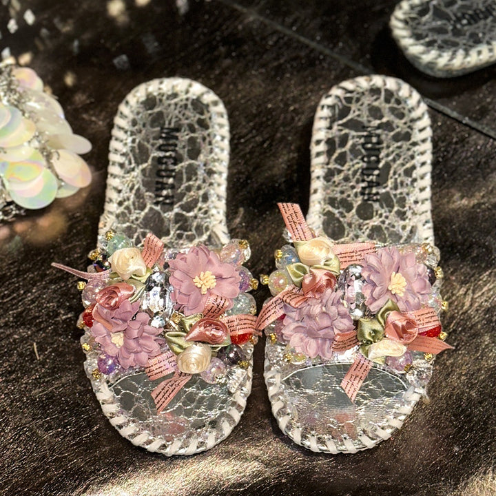 Floral Crystal Flat Sandals
