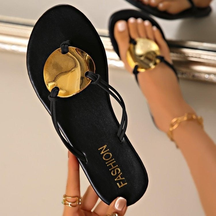 Metal Buckle Toe Ring Flat Sandals