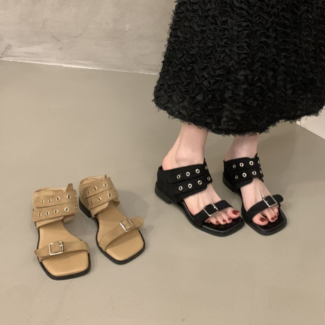 Studded Buckle Strap Flat Sandals