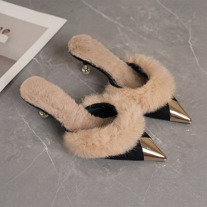Faux Fur Pointed-Toe Mules with Heels
