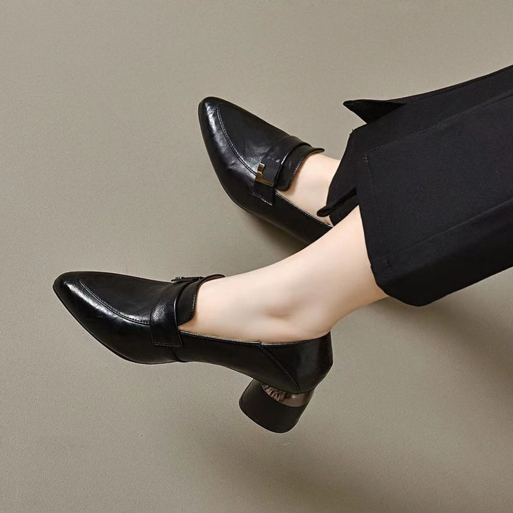 Genuine Leather Pointed Toe Block Heel Pumps