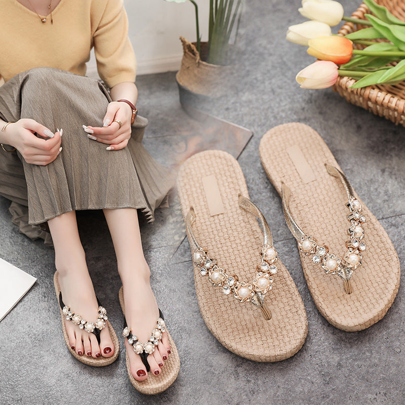 Pearl Embellished Woven Flat Sandals