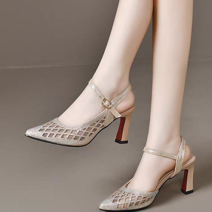 Rhinestone Mesh Pointed Toe Mid Heel Sandals
