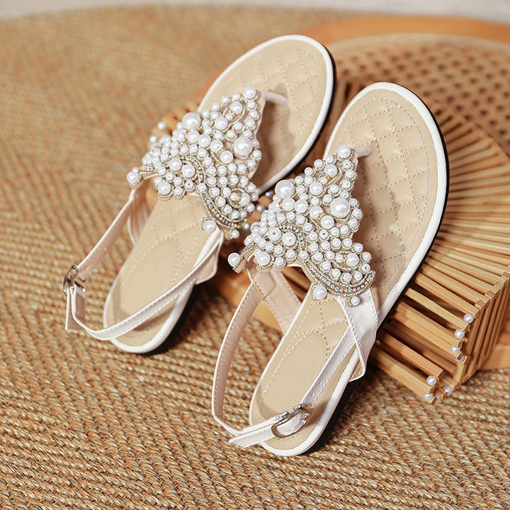 Pearl Embellished T-Strap Flat Sandals